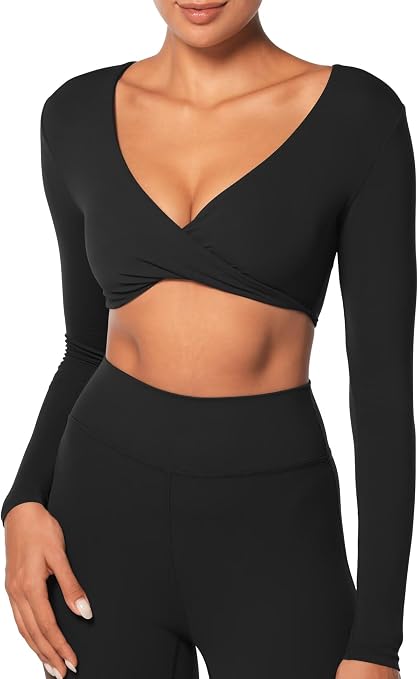 Sunzel Women's Twist Deep V Long Sleeve Crop Tops Gym Tees with Compression | V-Neck, Twist Front, Cropped Length, Buttery Soft, Breathable, High Stretchy, Workout Yoga Pilates Dance