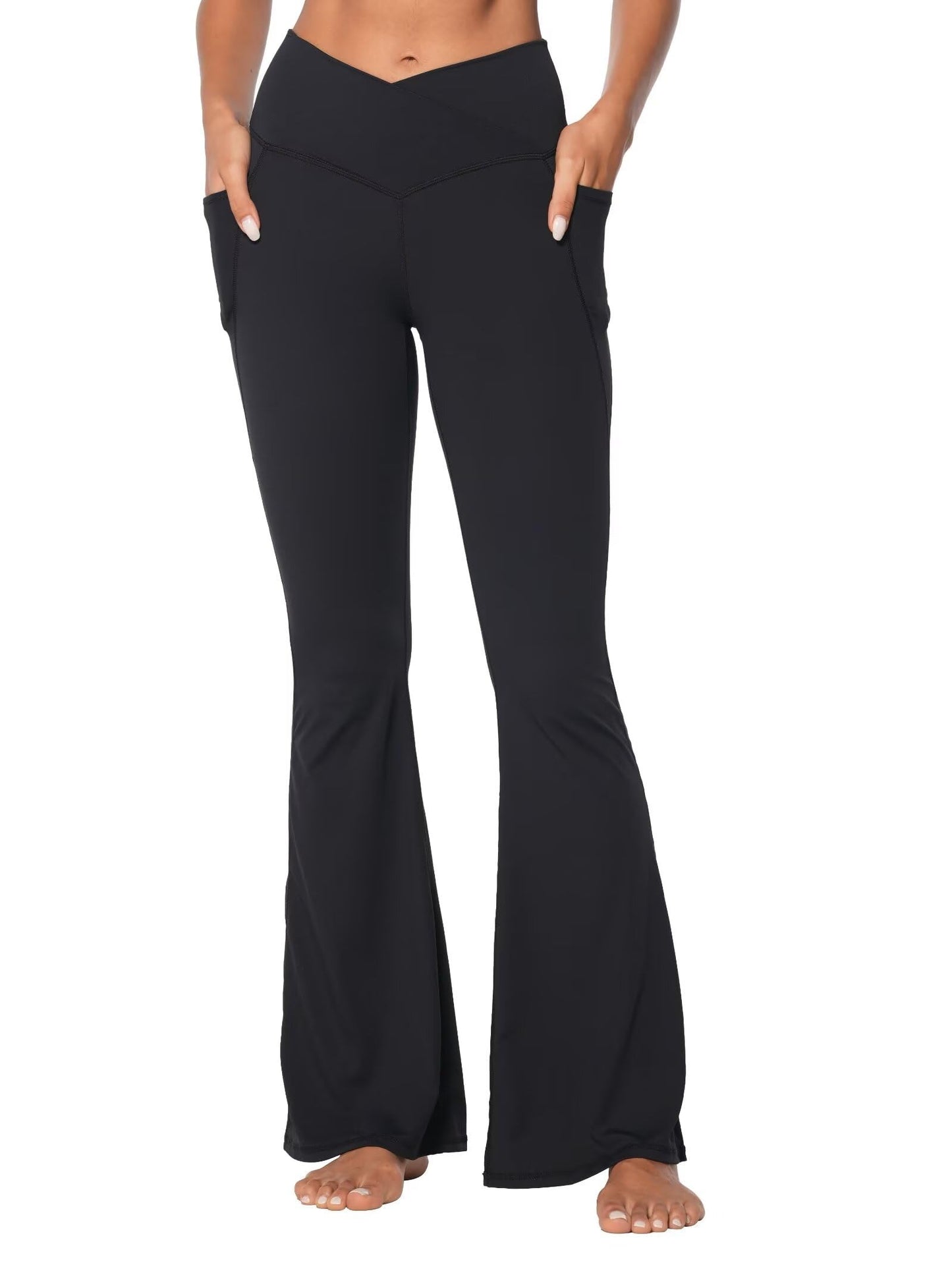 Funidos Flare Leggings for Women with Pockets, Crossover Yoga Pants with Tummy Control, High Waisted and Wide Leg