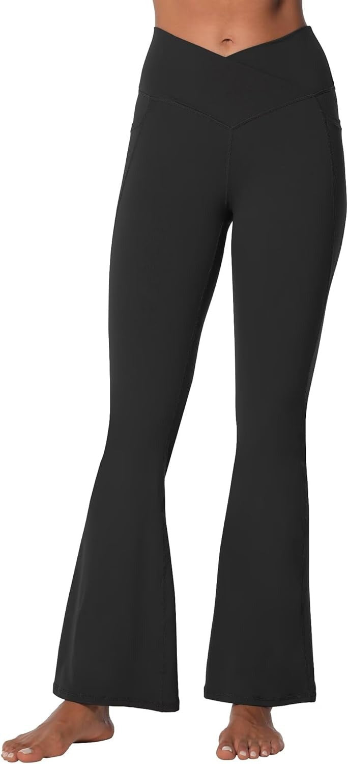 Funidos Flare Leggings for Women with Pockets, Crossover Yoga Pants with Tummy Control, High Waisted and Wide Leg