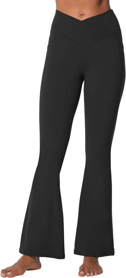 Funidos Flare Leggings for Women with Pockets, Crossover Yoga Pants with Tummy Control, High Waisted and Wide Leg