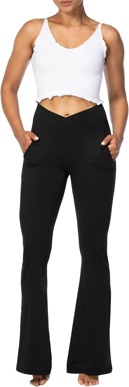 Funidos Flare Leggings for Women with Pockets, Crossover Yoga Pants with Tummy Control, High Waisted and Wide Leg