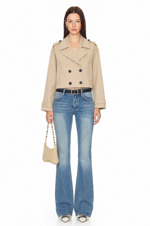 Sunzel Womens Cropped Trench Coat, Khaki Double Breasted Short Trench Jacket, Lapel Collar Long Sleeve Fall Outerwear with Button Cuffs