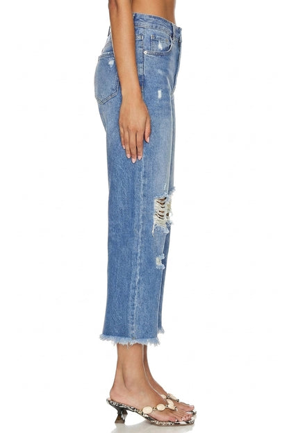 Sunzel Women's High Waisted Cropped Wide Leg Jeans Distressed Denim Pants, Frayed Hem Straight Leg Jeans with Pockets, Casual Vintage Jeans
