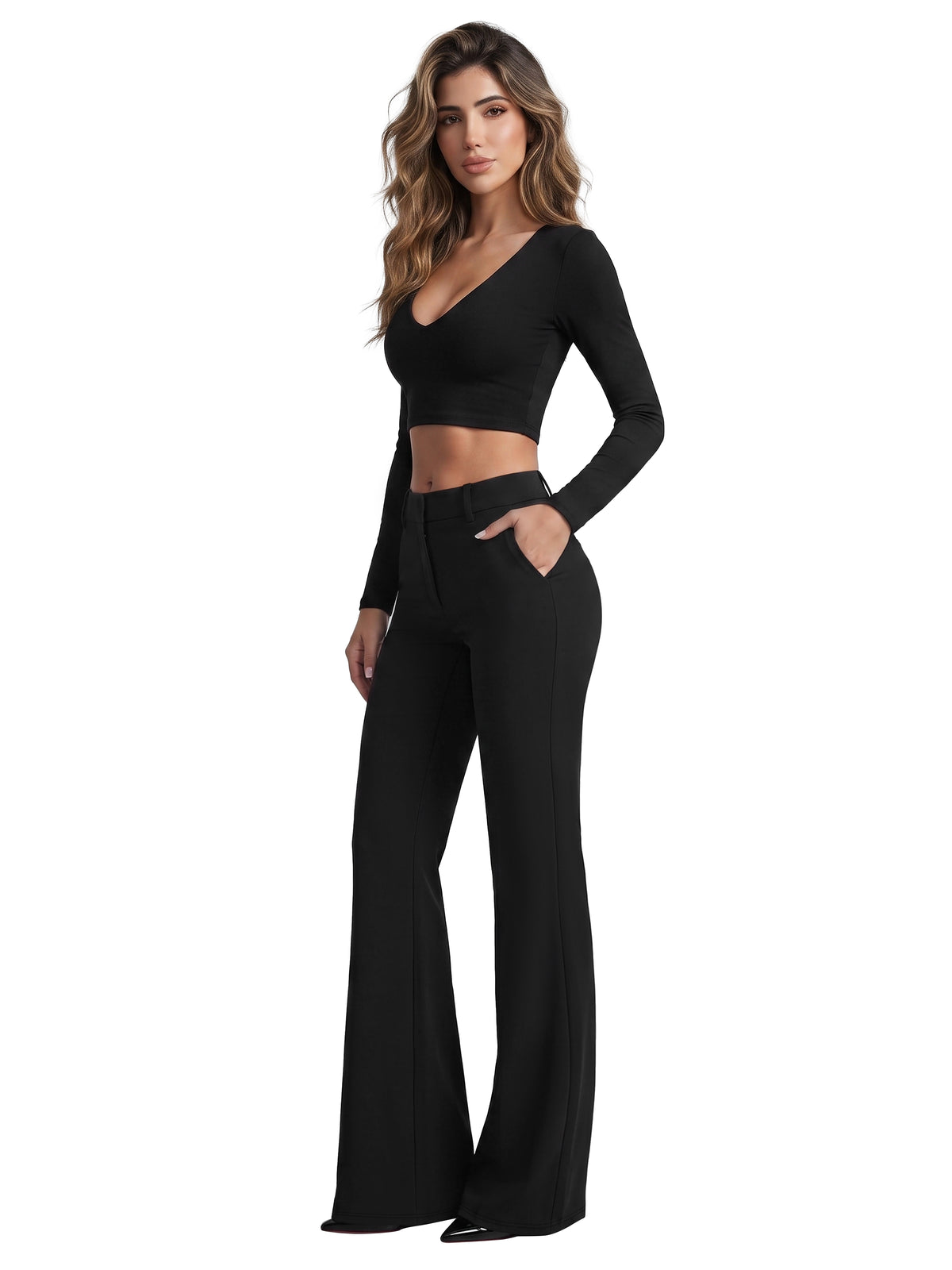 Sunzel Women's Low Rise Flare Dress Pants with Pockets Stretch Trousers