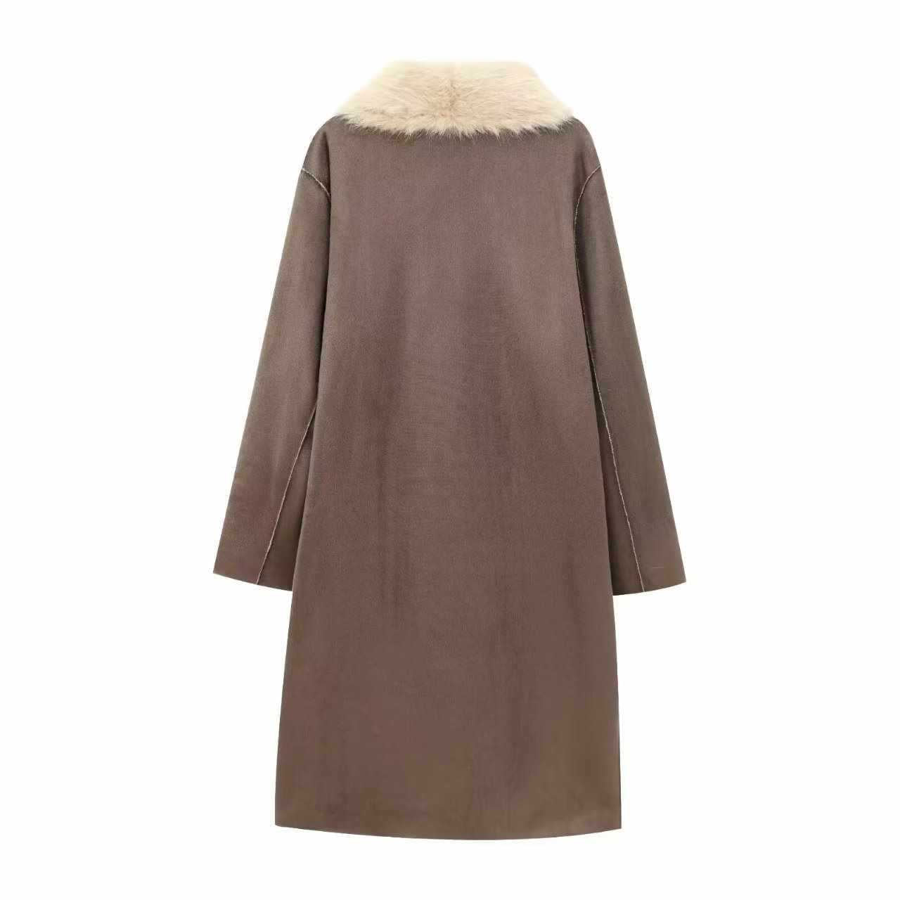 Sunzel Women Long Faux Fur Collar Coat Reversible Sherpa Overcoat with Pockets Winter Warm Elegant Longline Wrap Jacket