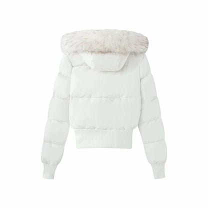 Sunzel Womens Cropped Puffer Coat with Faux Fur Hood, Black Zip Up Winter Outerwear, Warm Short Parka with Ribbed Cuffs Pockets