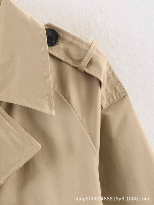 Sunzel Womens Cropped Trench Coat, Khaki Double Breasted Short Fall Outerwear, Lapel Collar Long Sleeve Dress Coat No Pockets