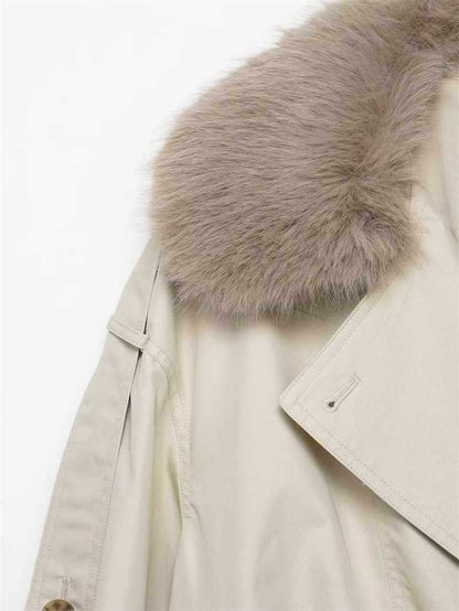 Sunzel Womens Short Trench Coat, Beige Stand Collar Belted Fall Outerwear, Button Front Long Sleeve Dress Coat No Pockets