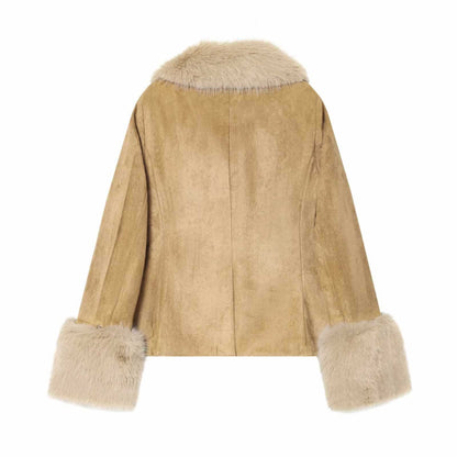 Sunzel Womens Faux Fur Coat Suede Look Short Winter Outerwear, Lapel Collar Button Front Warm Dress Coat with Pockets