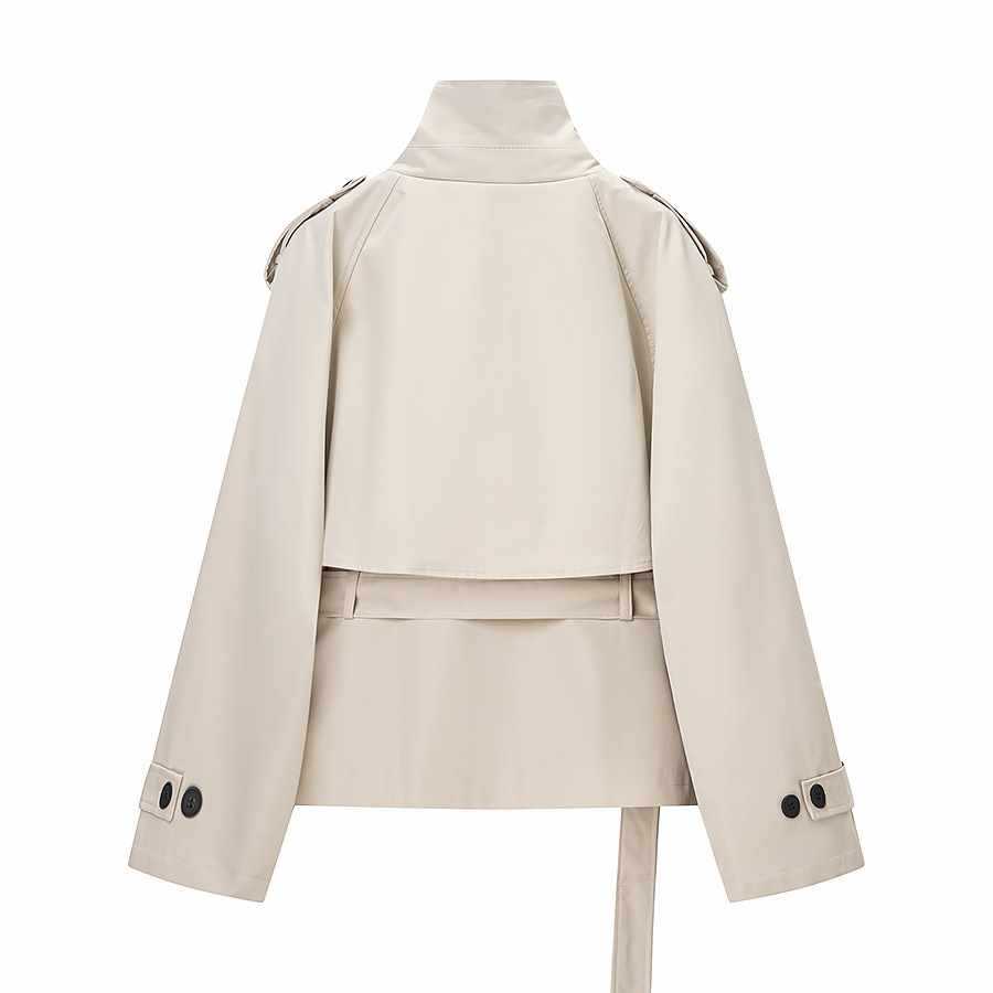 Sunzel Womens Short Trench Coat, Beige Stand Collar Belted Fall Outerwear, Button Front Long Sleeve Dress Coat No Pockets