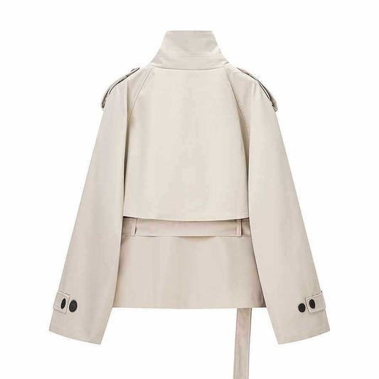 Sunzel Womens Short Trench Coat, Beige Stand Collar Belted Fall Outerwear, Button Front Long Sleeve Dress Coat No Pockets