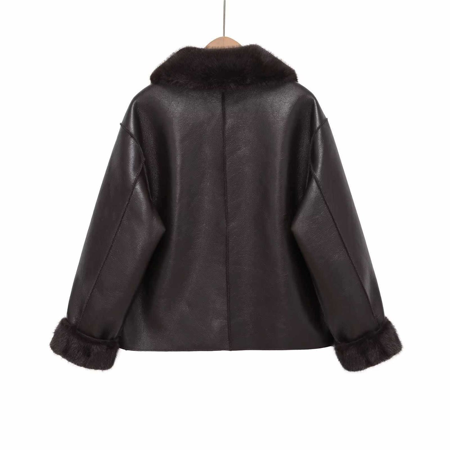 Sunzel Women's Faux Leather Jacket with Faux Fur Collar, Oversized Long Sleeve Winter Coat, Button Front, Pockets, Black Brown