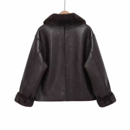 Sunzel Women's Faux Leather Jacket with Faux Fur Collar, Oversized Long Sleeve Winter Coat, Button Front, Pockets, Black Brown