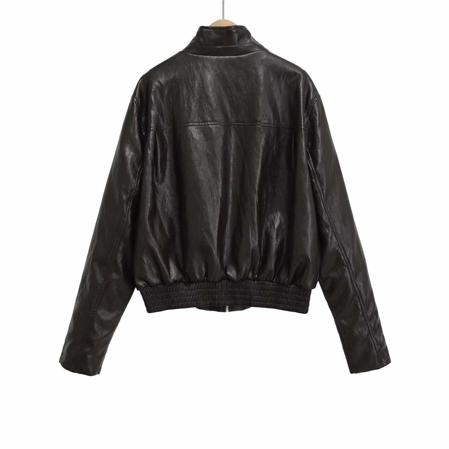 Sunzel Faux Leather Jacket Women Cropped Bomber Jacket Zip Up Motorcycle Coat with Stand Collar Long Sleeve Pockets Black