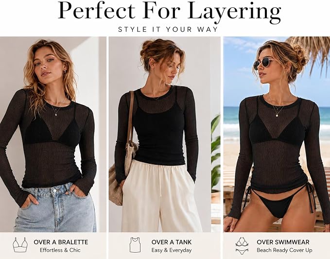 Sunzel Women's Sheer Long Sleeve Fitted Mesh Layering Top for Bralette | Lightweight Cotton-Blend Knit, Soft Stretch, Semi-Sheer Coverage, Lettuce Cuffs, Regular Length For Beach and Casual Wear