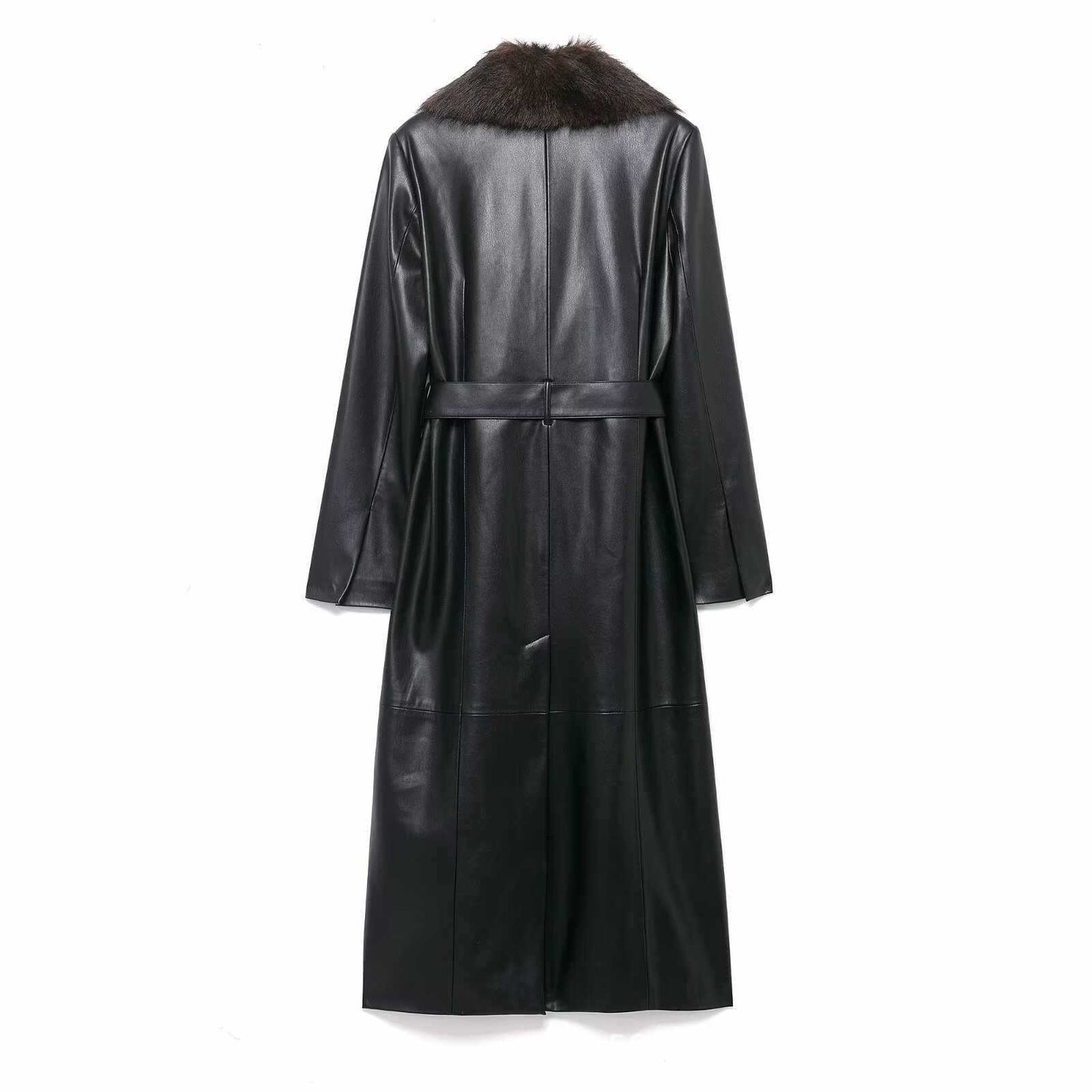 Sunzel Women Black Faux Leather Long Coat Faux Fur Collar Belted Trench Overcoat Elegant Winter Longline Wrap Jacket