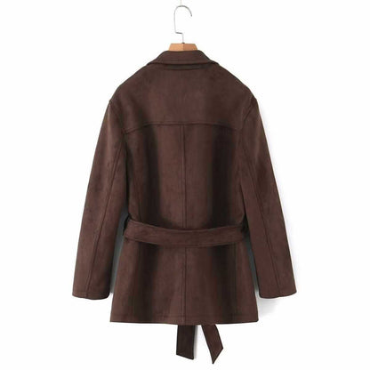 Sunzel Womens Brown Trench Coat with Belt, Suede Look Lapel Fall Outerwear, Button Front Short Dress Coat with Pockets
