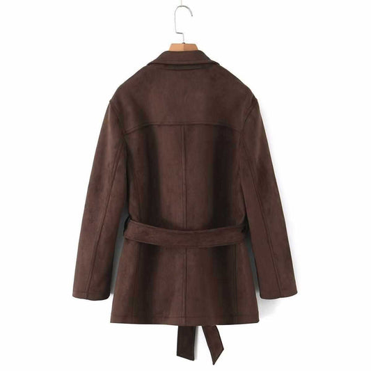 Sunzel Womens Brown Trench Coat with Belt, Suede Look Lapel Fall Outerwear, Button Front Short Dress Coat with Pockets