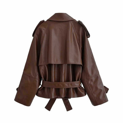Sunzel Faux Leather Jacket Women Cropped Brown Bomber Trench Coat Belted Oversized Fall Winter Moto Outerwear with Pockets