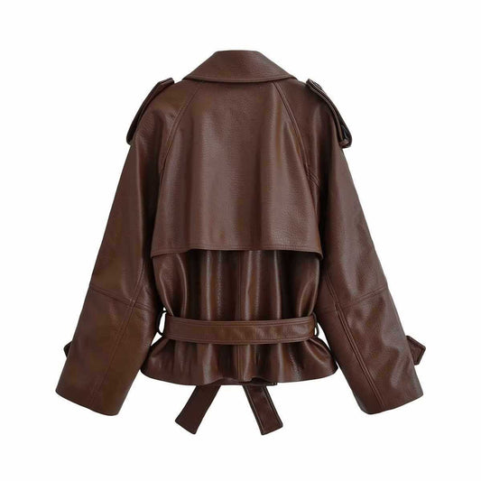 Sunzel Faux Leather Jacket Women Cropped Brown Bomber Trench Coat Belted Oversized Fall Winter Moto Outerwear with Pockets