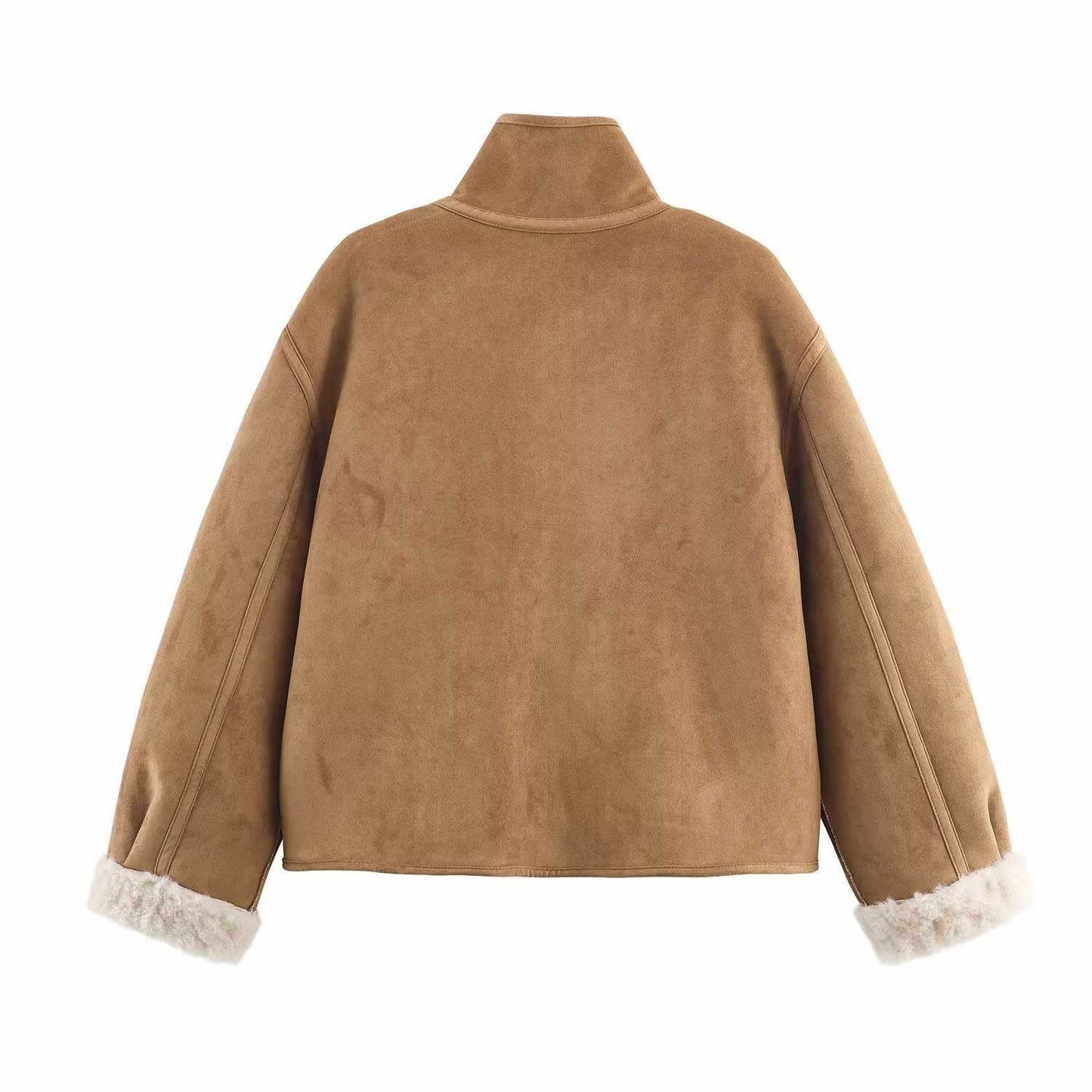 Sunzel Womens Reversible Sherpa Coat, Camel Suede Look Short Trench Outerwear, Stand Collar Button Front Jacket with Pockets