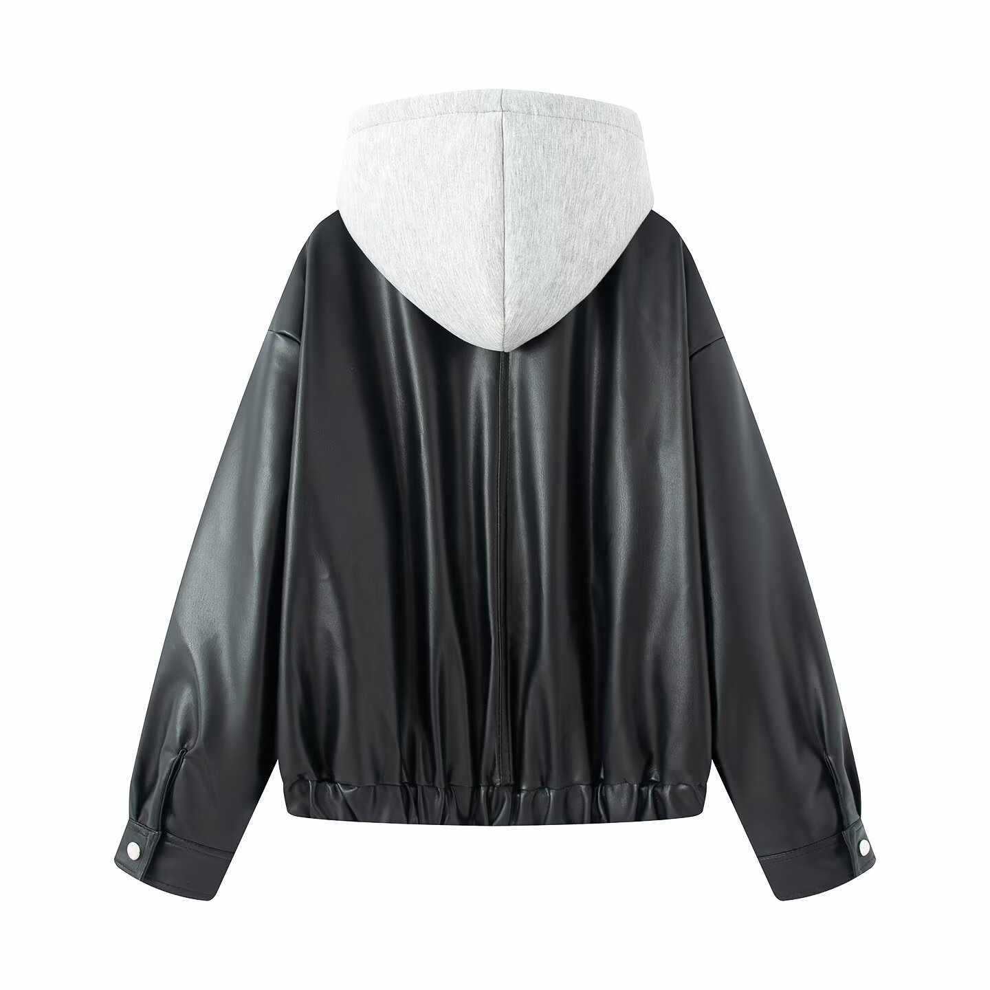Sunzel Womens Hooded Bomber Jacket Cropped Black Zip Up Coat, Oversized Moto Style Casual Fall Winter Outerwear with Pockets
