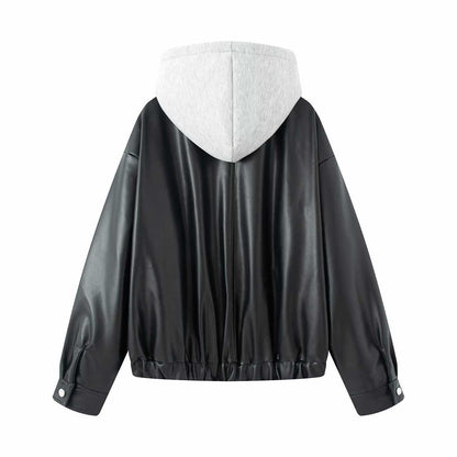 Sunzel Womens Hooded Bomber Jacket Cropped Black Zip Up Coat, Oversized Moto Style Casual Fall Winter Outerwear with Pockets