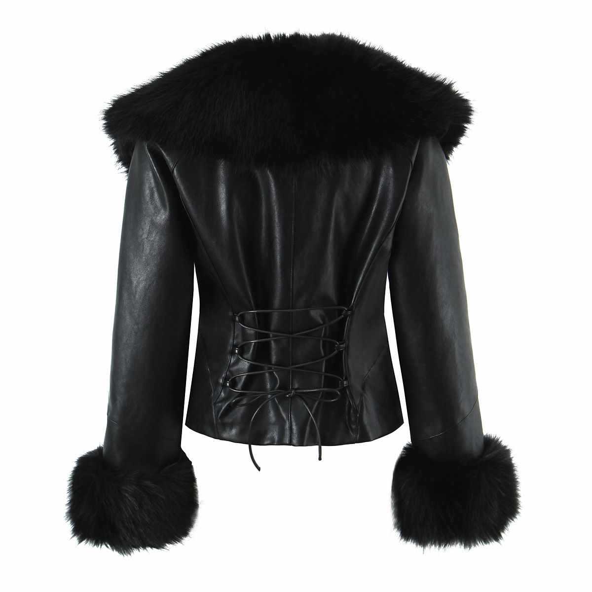 Sunzel Women's Faux Leather Jacket with Faux Fur Collar Cuffs, Long Sleeve Corset Lace-Up Back Cropped Moto Coat