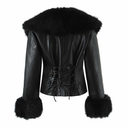Sunzel Women's Faux Leather Jacket with Faux Fur Collar Cuffs, Long Sleeve Corset Lace-Up Back Cropped Moto Coat