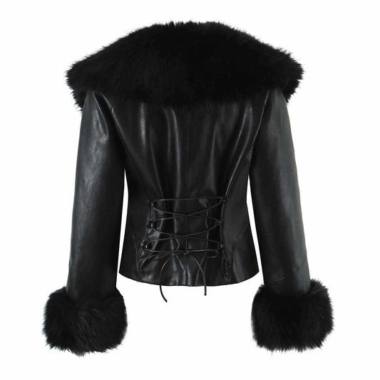 Sunzel Women's Faux Leather Jacket with Faux Fur Collar Cuffs, Long Sleeve Corset Lace-Up Back Cropped Moto Coat