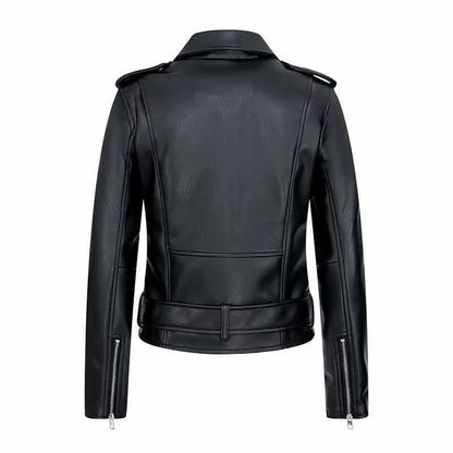 Sunzel Women's Faux Leather Moto Biker Jacket, Asymmetric Zip Cropped Coat with Belt & Silver Hardware, Classic Black Styles