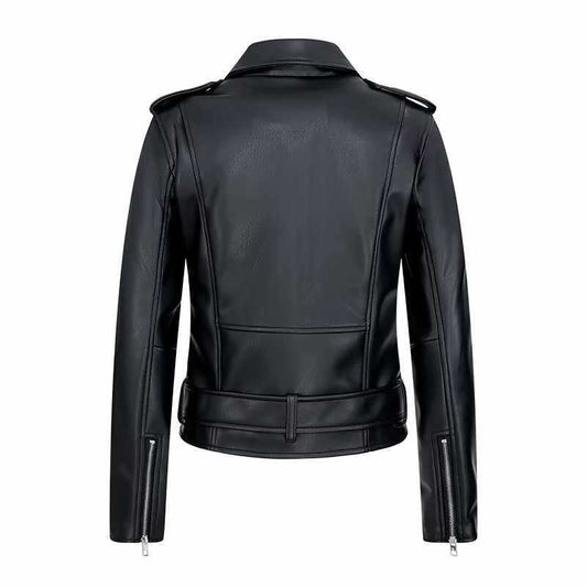 Sunzel Women's Faux Leather Moto Biker Jacket, Asymmetric Zip Cropped Coat with Belt & Silver Hardware, Classic Black Styles