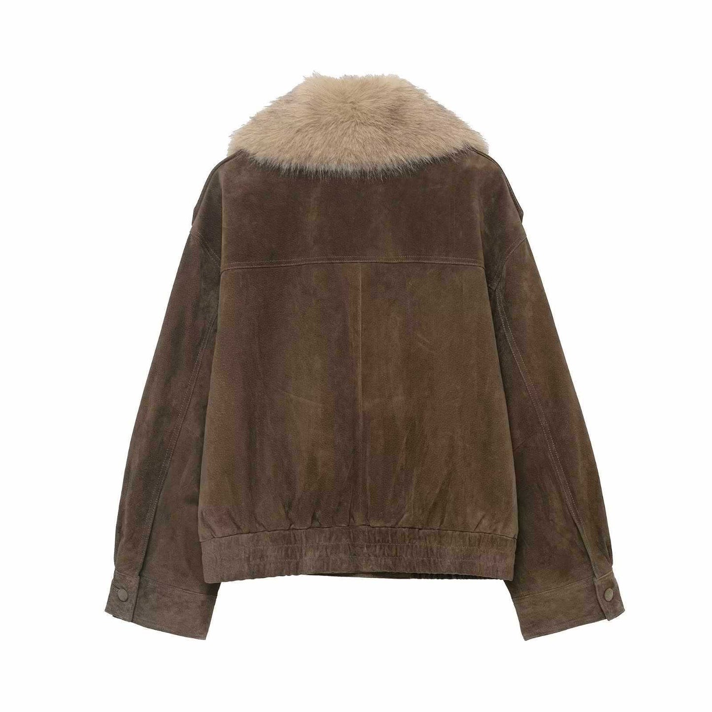 Sunzel Women's Faux Suede Bomber Jacket with Faux Fur Collar, Oversized Long Sleeve Colorblock Coat Fall Winter Outerwear