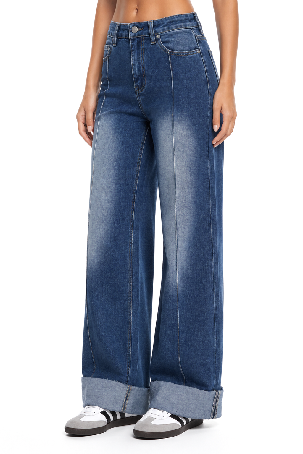 Sunzel Women’s High Waisted Cuffed Hem Jeans, Wide Leg Straight Denim Pants