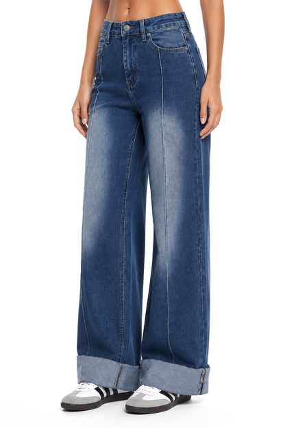 Sunzel Women’s High Waisted Cuffed Hem Jeans, Wide Leg Straight Denim Pants