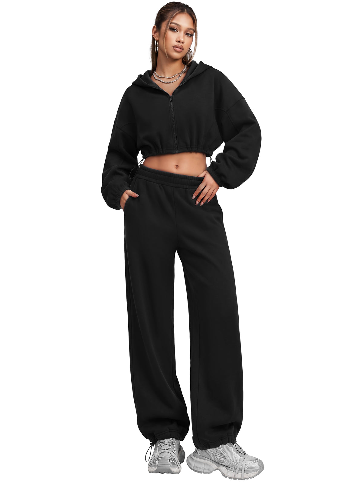 Sunzel Women's Two Piece Sweat Set Cropped Zip-Up Hoodie and Wide-Leg Pants
