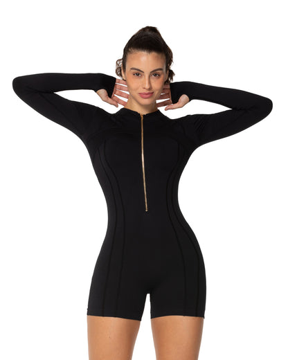 Women's One Piece Zip Up Rompers Long Sleeve Ribbed