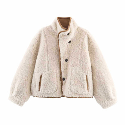 Sunzel Womens Reversible Sherpa Coat, Camel Suede Look Short Trench Outerwear, Stand Collar Button Front Jacket with Pockets