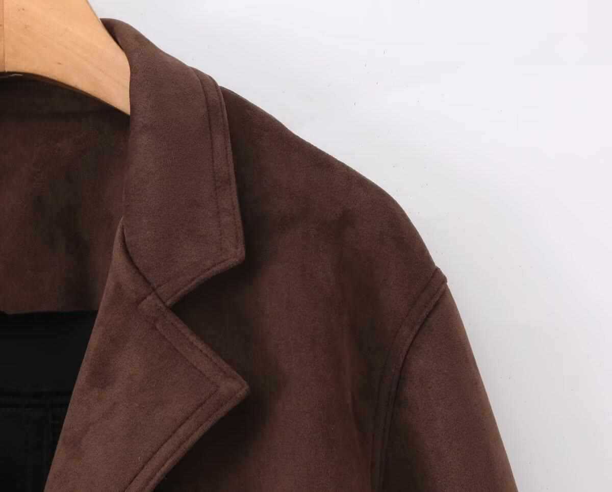 Sunzel Womens Brown Trench Coat with Belt, Suede Look Lapel Fall Outerwear, Button Front Short Dress Coat with Pockets