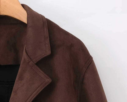 Sunzel Womens Brown Trench Coat with Belt, Suede Look Lapel Fall Outerwear, Button Front Short Dress Coat with Pockets