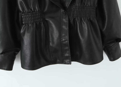 Sunzel Faux Moto Jacket for Women Cropped Zip Up Coat with Belted Waist, Oversized Lapel, Pockets, Smoothing Fall Streetwear
