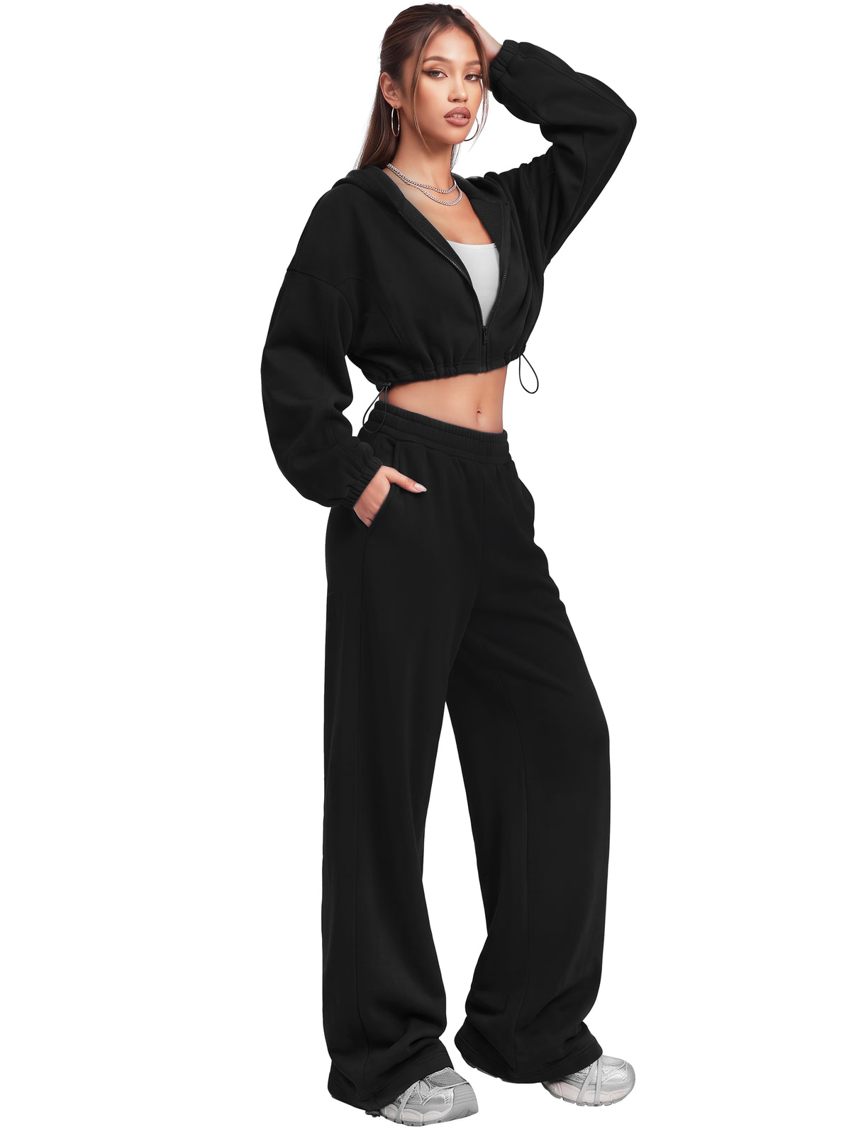 Sunzel Women's Two Piece Sweat Set Cropped Zip-Up Hoodie and Wide-Leg Pants