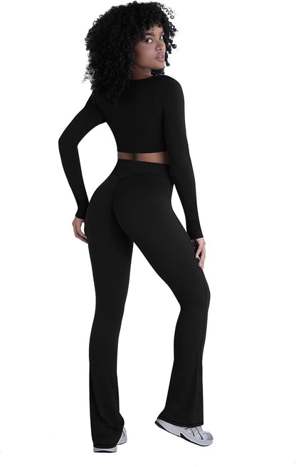 Sunzel No Front Seam Crossover Flare Leggings for Women Hidden Butt Lifting Scrunch Tummy Control Mini Flared Yoga Pants