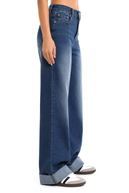 Sunzel Women’s High Waisted Cuffed Hem Jeans, Wide Leg Straight Denim Pants