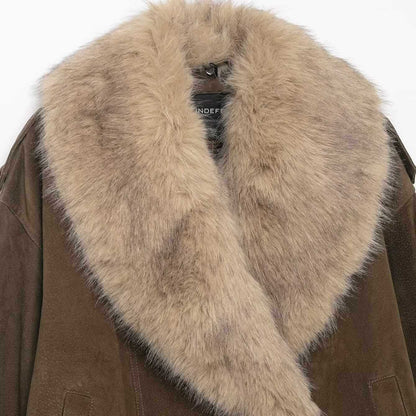 Sunzel Women's Faux Suede Bomber Jacket with Faux Fur Collar, Oversized Long Sleeve Colorblock Coat Fall Winter Outerwear
