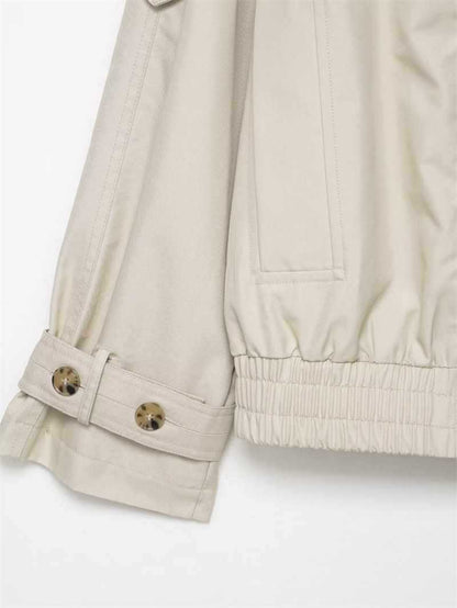 Sunzel Womens Short Trench Coat, Beige Stand Collar Belted Fall Outerwear, Button Front Long Sleeve Dress Coat No Pockets