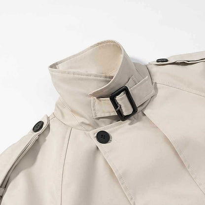 Sunzel Womens Short Trench Coat, Beige Stand Collar Belted Fall Outerwear, Button Front Long Sleeve Dress Coat No Pockets