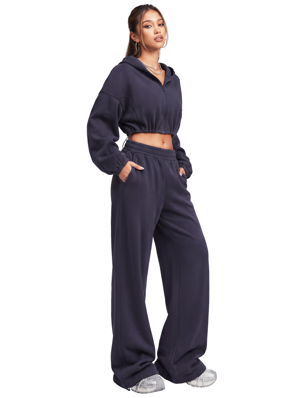Sunzel Women's Two Piece Sweat Set Cropped Zip-Up Hoodie and Wide-Leg Pants