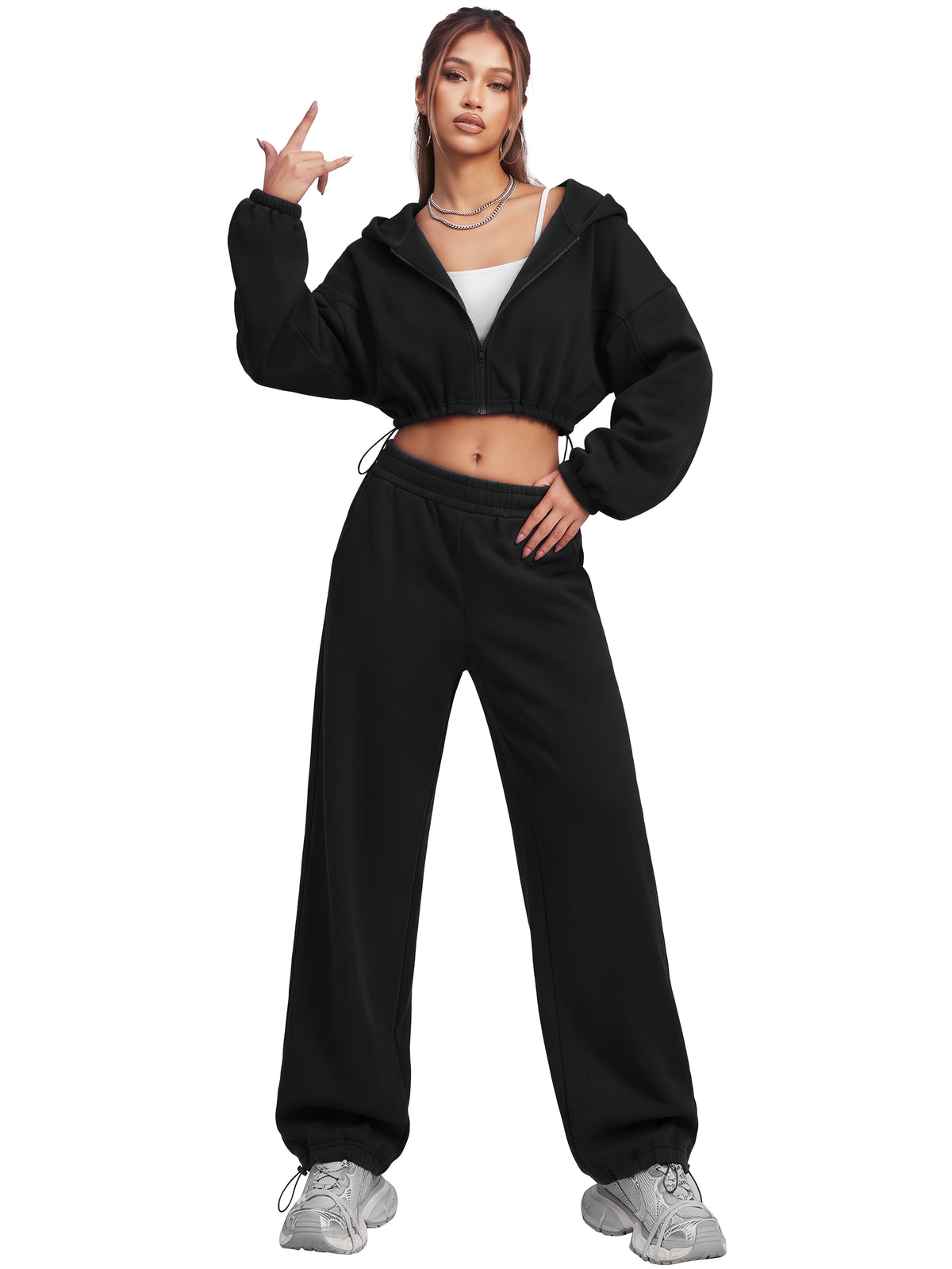 Sunzel Women's Two Piece Sweat Set Cropped Zip-Up Hoodie and Wide-Leg Pants