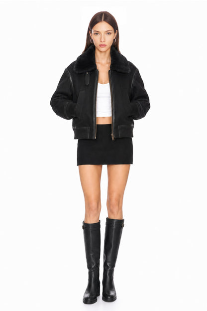 Sunzel Womens Cropped Bomber Jacket Faux Fur Collar Zip Up Winter Coat, Black Short Outerwear with Faux Leather Trim and Pockets